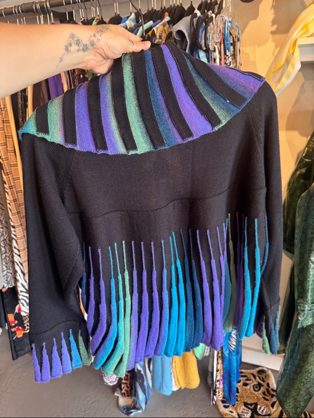 Y2K Open-Front Striped Sweater Cardigan in Blue/Green/Purple - Picture 7 of 7
